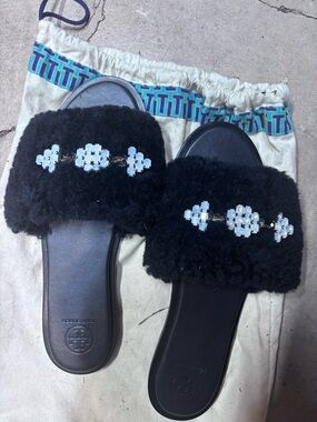 Fuzzy Crystal Embellished Black Slide Sandals